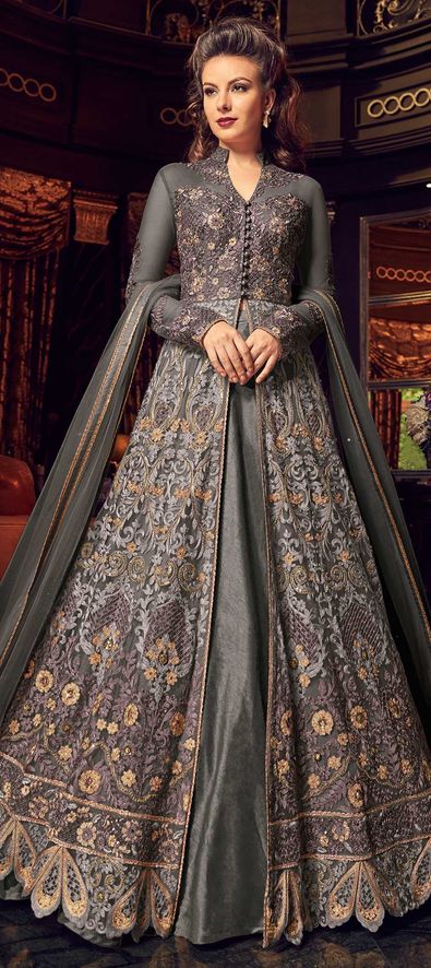 Buy Grey Zarkan Work Net Lehenga Choli Online