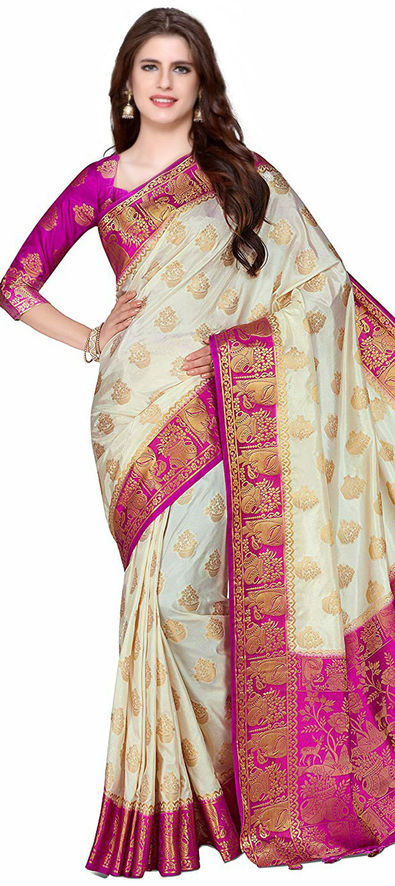 Pearl White Zari Woven Kanjivaram Silk Saree at Rs 2355.00 | Kanjivaram  Saree, कांचीपुरम साड़ीज - The Indian Vastra, Surat | ID: 24545131455