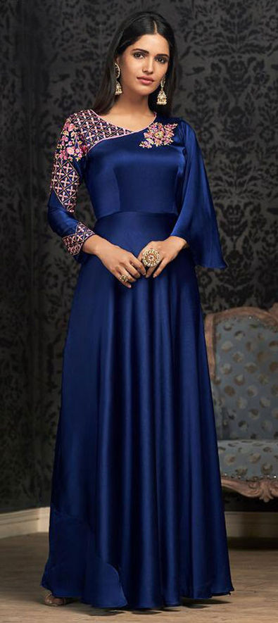 Indigo blue floral printed georgette dress by Niram | The Secret Label
