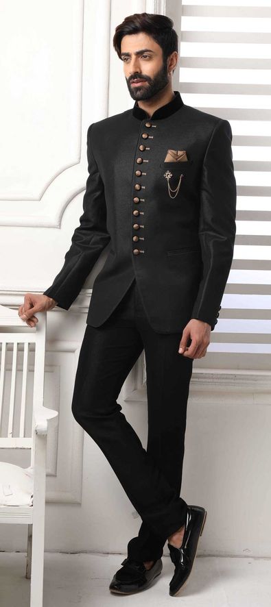 Black and Grey color Imported fabric Jodhpuri Suit : 1576080