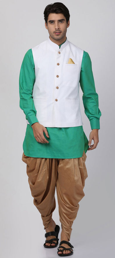 Dupion Silk Green and White Resham Thread Work Kurta Payjama With Jacket