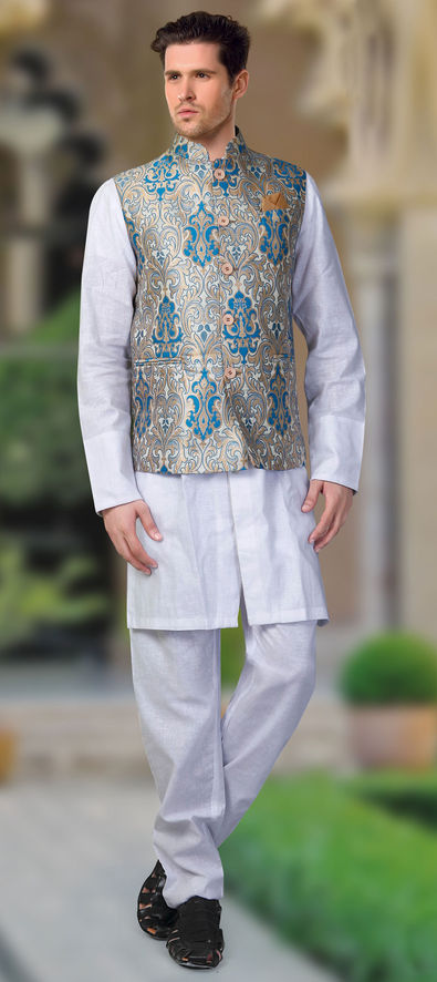 Yellow Linen Kurta Pajama With Jacket 243487