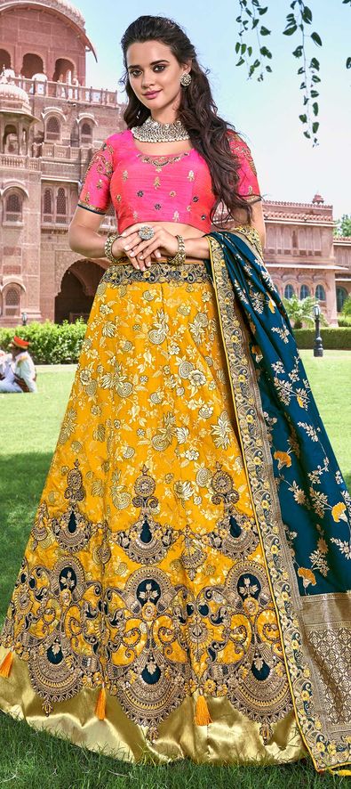 Bridal, Wedding Yellow color Bhagalpuri Silk fabric Lehenga : 1607618