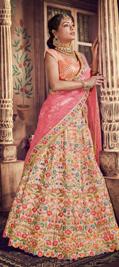 Buy Neutral Pink Zari Dori Embroidered Raw Silk Lehenga Set by Designer  SHYAM NARAYAN PRASAD Online at Ogaan.com