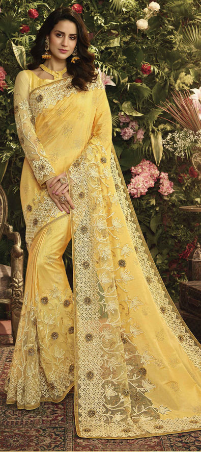 Ki – pure silk Classy Yellow Colour Saree, Shining Party Wear – Kirdaram