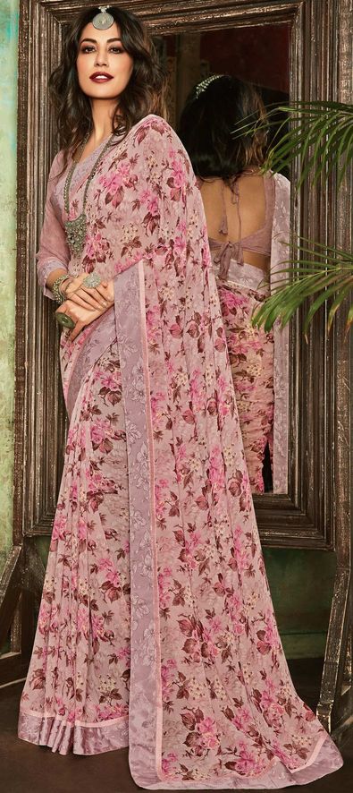 Buy Pink color georgette embroidery party wear saree at fealdeal.com