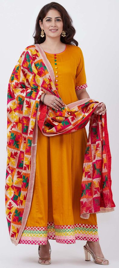 Indian Designer Chikan Embroidered Kurta Kurti With Dupatta Yellow Cotton  Dress | eBay