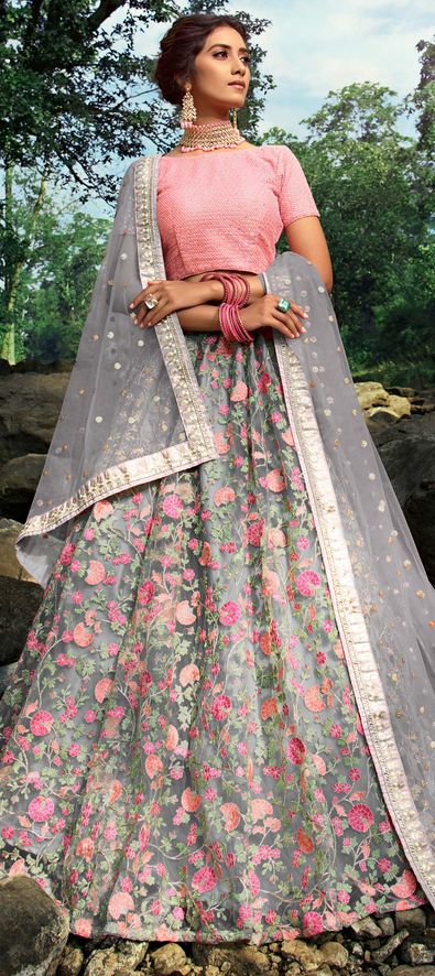 Grey and Pink Zari Woven Wedding Bridal Banarasi Lehenga Look