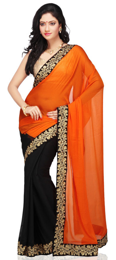 Buy Dark Orange Silk Printed Saree With Matching Blouse Online