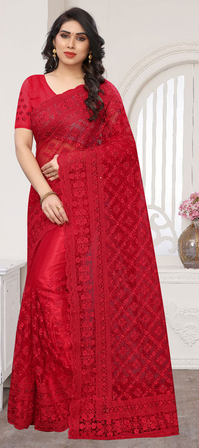 Net Red Embroidered Saree With Blouse