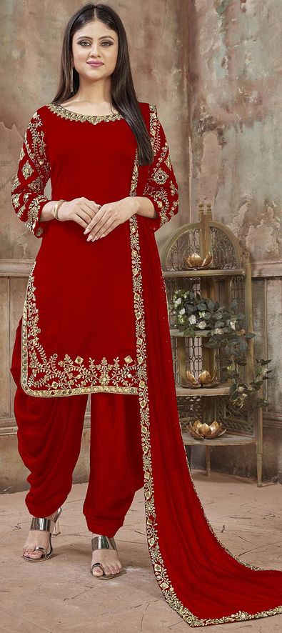 Faux Georgette Party Wear Salwar Kameez in Red and Maroon with Stone work