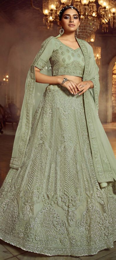 Engagement, Festive, Wedding Green color Organza Silk fabric Lehenga :  1756300