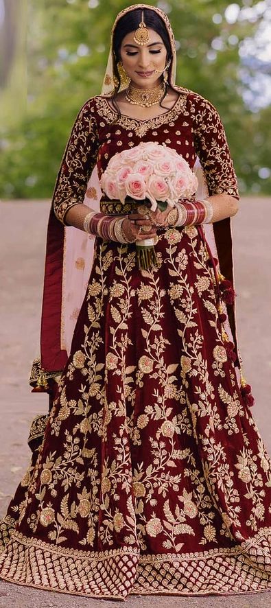 Maroon bridal lehenga choli in velvet with zardoshi work | Shreeman