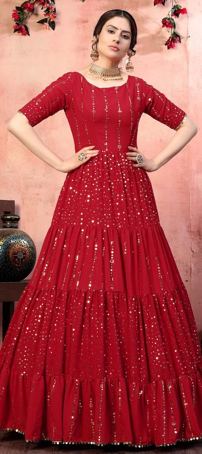 Attractive red color pure fox georgette fancy sleeves gown – ajmera-retail