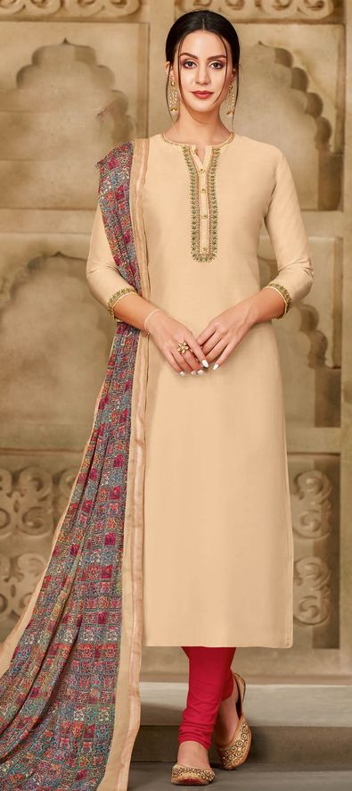 Cotton Embroidered Churidar Salwar Kameez in Beige