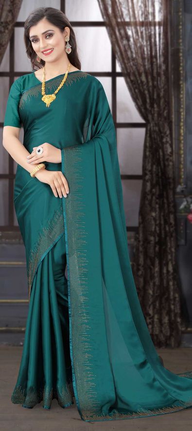 Buy Peacock Green Saree In Satin Chinon With Scallop Border And Unstitched  Blouse Piece Kalki Fashion India
