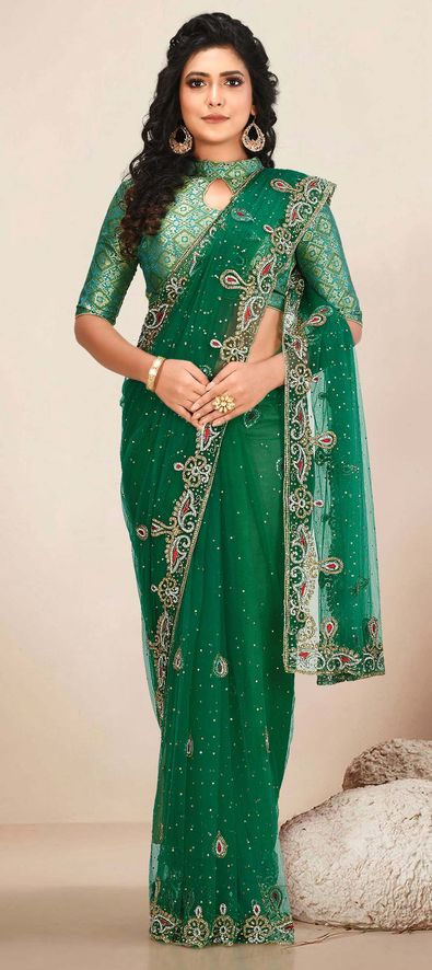 Green Wedding Saree with Designer Blouse - Saree Online Sri Lanka