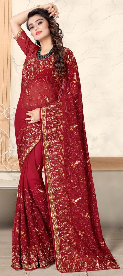 Red zari, sequins and dori embroidered organza party wear wedding saree -  MEGHALYA - 3765232