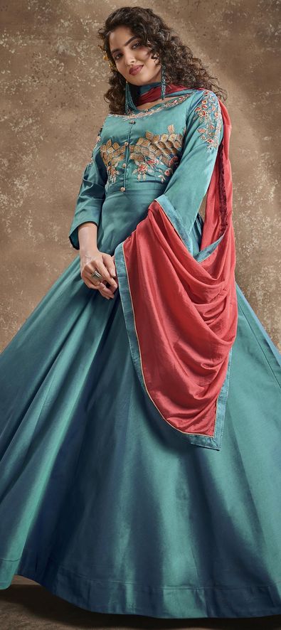 Art Silk Fabric Sea Green Color Ingenious Gown With Dupatta