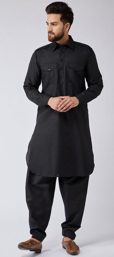 Black Cotton Pathani Suit 231066