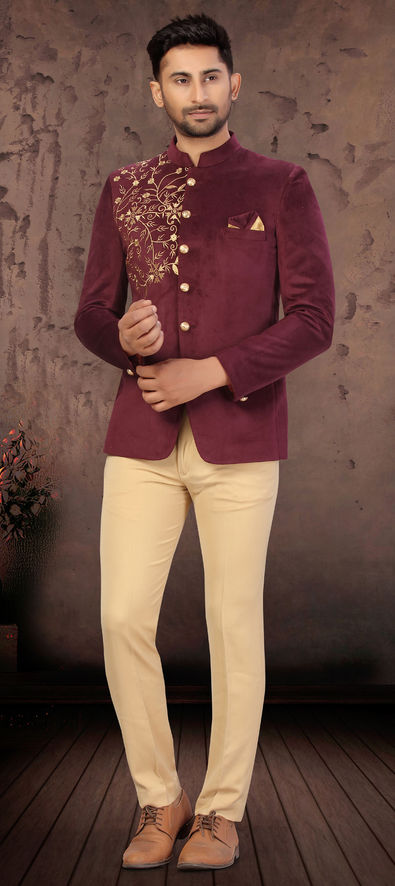 Royal Maroon Side Draped Designer Wedding Jodhpuri Indian Suit Set for Men  at Amazon Men's Clothing store