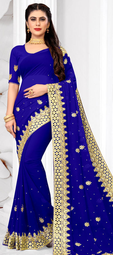 Zari Work Party Wear Saree in Royal Blue Georgette