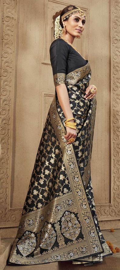 Black & Blue Banarasi Silk Saree With Zari Weaving Work