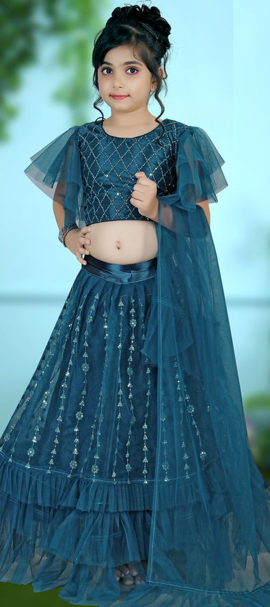 Buy Kids Girls Green Georgette Sequins N Blue Net Lehenga Festive Wear  Party Wear Online at Best Price | Cbazaar