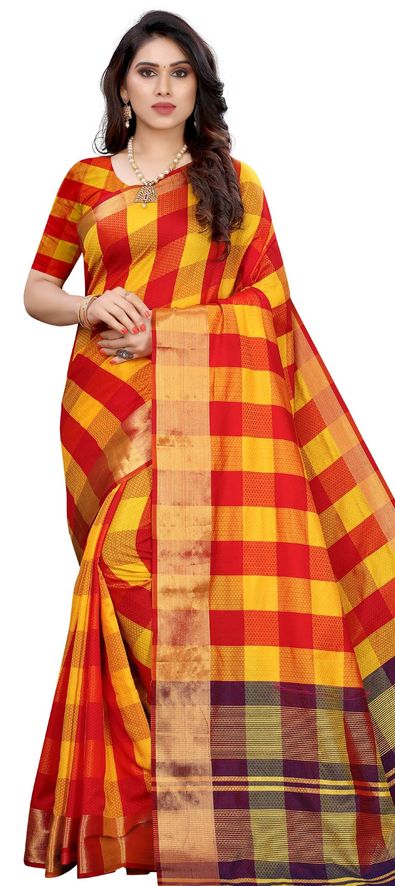 Shop Peach Kanchipuram Saree Online in USA with Multicolor Check Border –  Pure Elegance