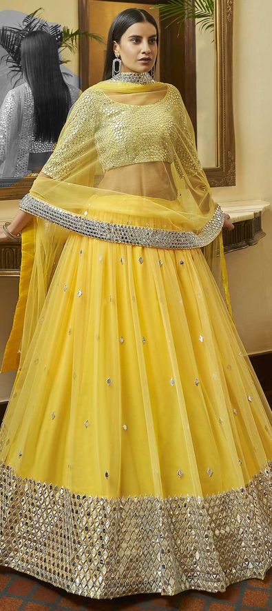 Buy Mustard Yellow Gota Work Mulmul Blouse with Grey Printed Lehenga and  Peach Scalloped Dupatta- Set of 3 | SC-7435-Mustard/BIRA5 | The loom