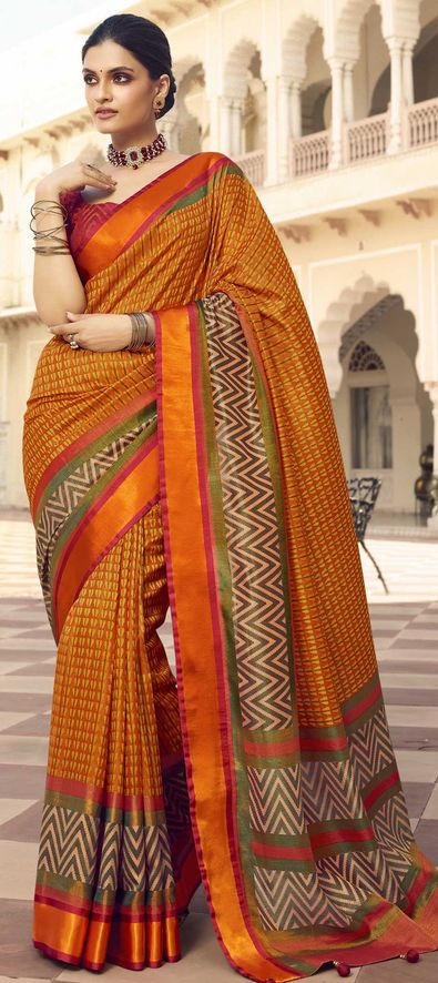 Orange Chiffon Printed Party Wear Saree -- Miraamall - USA UK Canada