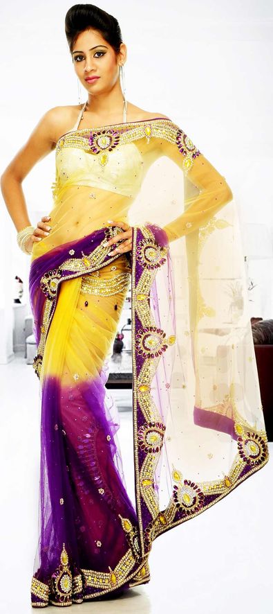 Purple-Violet Organza Fusion Designer Saree – TrendOye