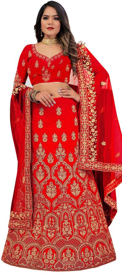 Red Bridal Lehenga Choli Zari & Stone Work Semi Stitched Lehenga Choli –  Lady India