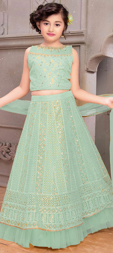 KIDS DUSTY GREEN LEHENGA SET WITH ALL OVER ZARI AND AND MIRROR EMBROIDERY  PAIRED WITH A MATCHING DUPATTA AND SILVER DETAILS. - Seasons India