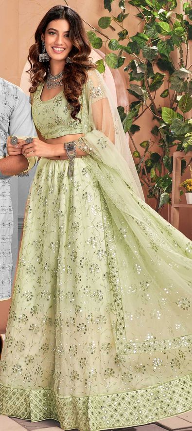 Buy Pista Green Color Silk Fabric Party Wear Lehenga Choli Online -  LEHV2939
