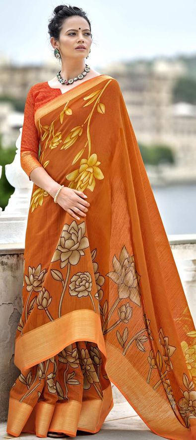 Orange Pure Kalamkari Digital Printed Linen Saree – SHANGRILA DESIGNER