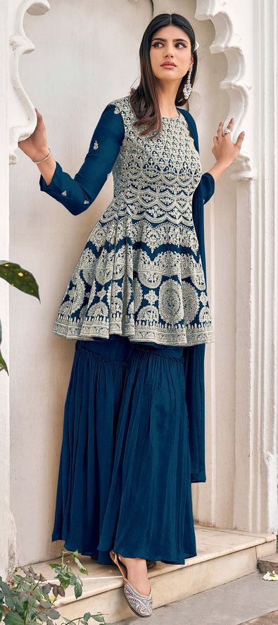 Georgette Party Wear Salwar Kameez In Blue With Thread Work, 56% OFF
