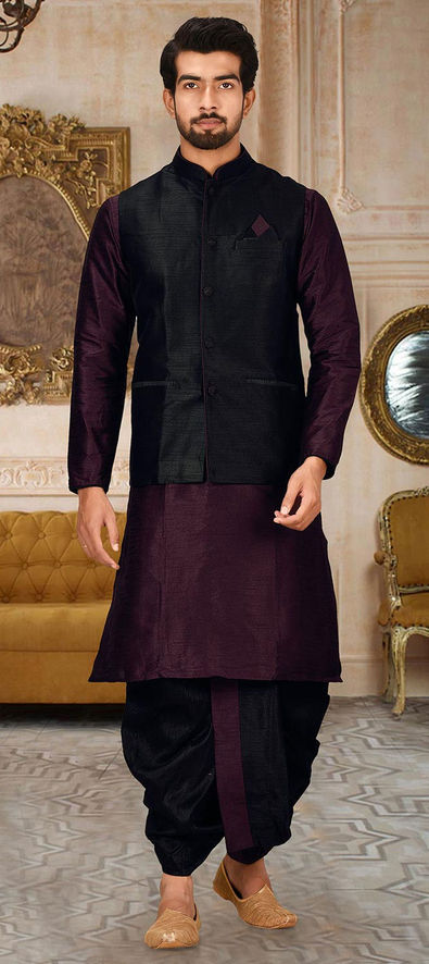 Maroon Banarasi Silk Jacket with Kurta And Pajama for men online India  Color Red SizeKurta 40 Combination Options Kurta + Bottom + Jacket
