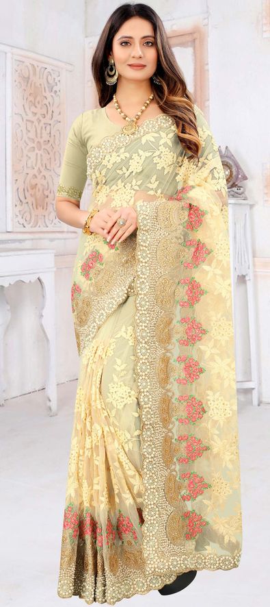 Embroidered Satin Silk Dhoti Style Yellow Saree