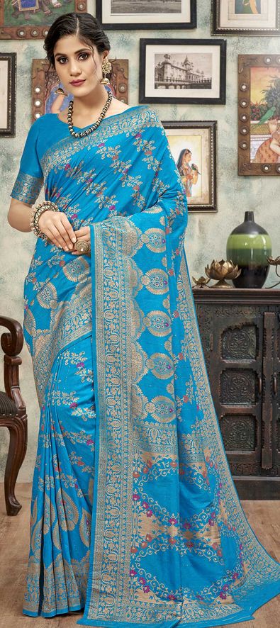 Elm Blue Kanjivaram Silk Saree – MySilkLove