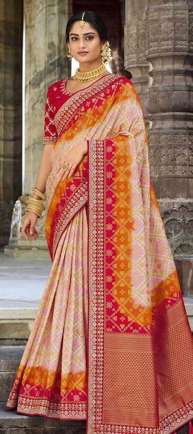 Beautiful Partywear Orange & Pink Woven Design Zari Pure Silk - Etsy | Silk  saree banarasi, Saree, Saree designs