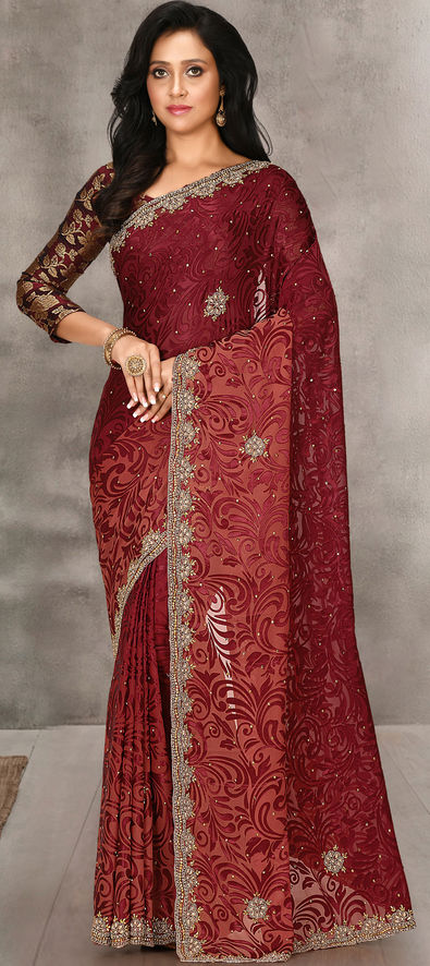 Festive Wedding Red and Maroon color Brasso fabric Saree 1766589