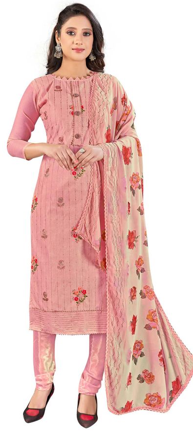 Pink Embroidered Chanderi Cotton Churidar Salwar Kameez