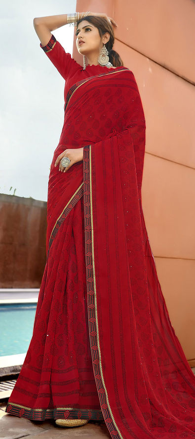 Women's Chiffon Plain Red Saree Occasions & Formal Wear saree 1 Pcs | eBay