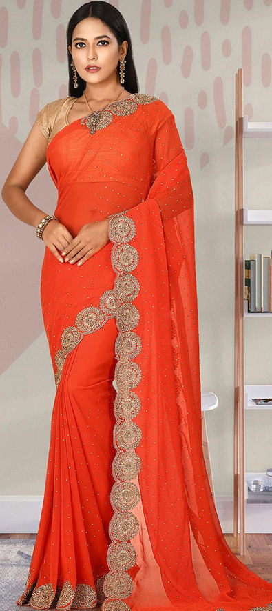 Fabulous Orange Color Embroidered Work Net Party Wear Saree