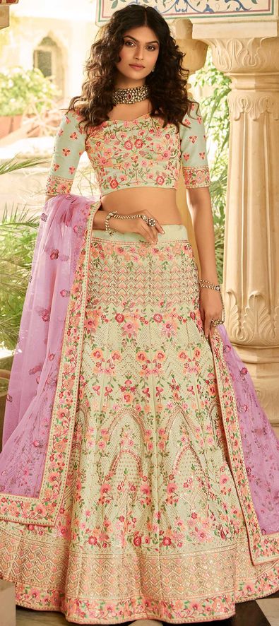 Pink and Peacock Blue Silk Designer Lehenga Choli