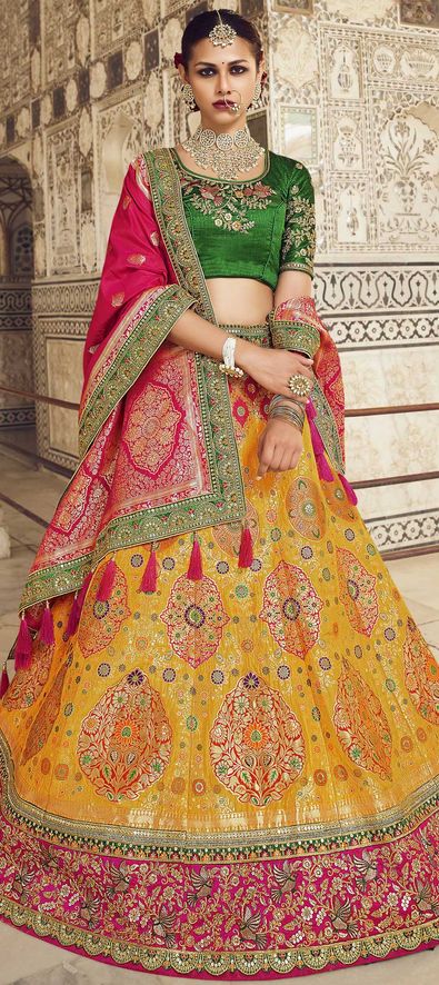 Wedding Wear Yellow Sequins Embroidered Silk Bridal Lehenga Choli - VJV Now  - India