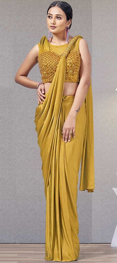 Designer, Reception Yellow color Lycra fabric Readymade Saree : 1838039