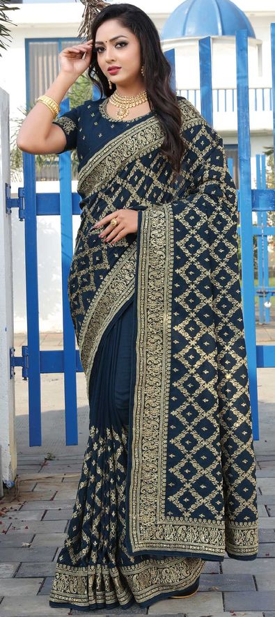 Pure jacquard Silk Sarees Royal Blue Colour, Wedding Wear