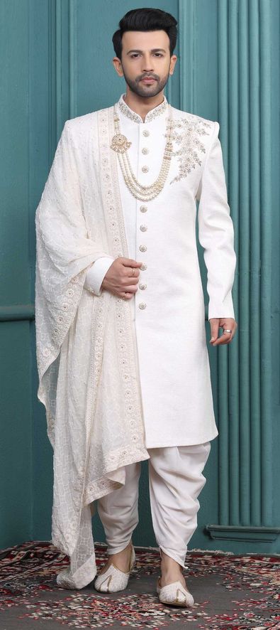 Art Silk Dhoti Sherwani in White and Off White with Zardozi work